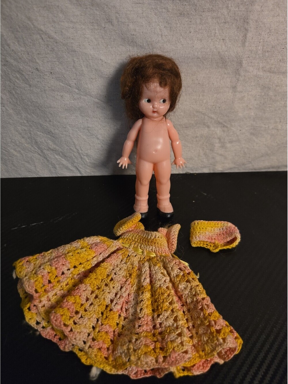 Vintage Jointed Plastic Doll With Human Hair Attached & Handmade Outfit Creepy